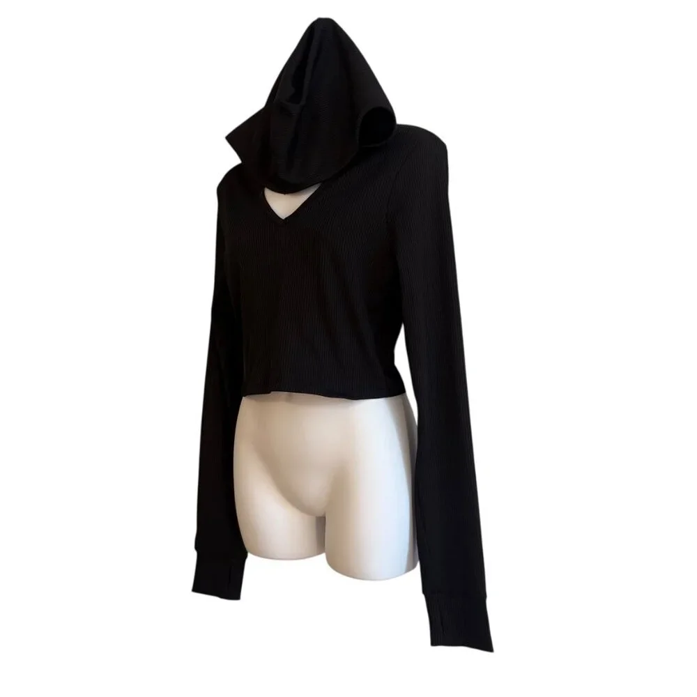 Forever 21 Ribbed Black Cropped Hoodie Top | Size L | Excellent Condition - Picture 3 of 8